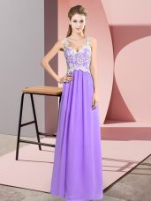 Customized Floor Length Empire Sleeveless Lavender Dress for Prom Zipper