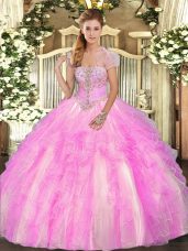Popular Lilac Tulle Lace Up Quinceanera Gowns Sleeveless Floor Length Appliques and Ruffles