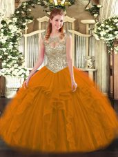 Orange Red Lace Up 15th Birthday Dress Beading and Ruffles Sleeveless Floor Length