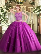 Customized Fuchsia Sleeveless Floor Length Beading and Appliques Lace Up Quinceanera Gown