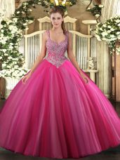 Suitable Tulle V-neck Sleeveless Lace Up Beading Quinceanera Gowns in Hot Pink