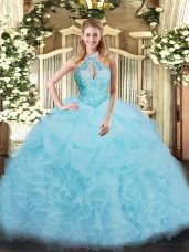 Floor Length Lace Up Quinceanera Dress Aqua Blue for Military Ball and Sweet 16 and Quinceanera with Beading and Ruffles