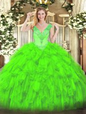Dynamic V-neck Sleeveless Organza Sweet 16 Quinceanera Dress Beading and Ruffles Lace Up