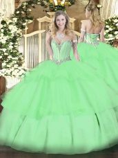 Fitting Apple Green Tulle Lace Up Quinceanera Gowns Sleeveless Floor Length Beading and Ruffled Layers