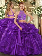 Pretty Eggplant Purple Halter Top Neckline Beading and Ruffled Layers Sweet 16 Quinceanera Dress Sleeveless Criss Cross