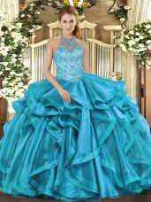 Flare Teal Lace Up Halter Top Beading 15 Quinceanera Dress Organza Sleeveless