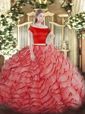 Off The Shoulder Short Sleeves Tulle 15 Quinceanera Dress Ruffled Layers Brush Train Zipper