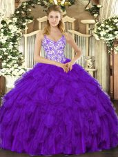 Purple Organza Lace Up Straps Sleeveless Floor Length Quince Ball Gowns Beading and Ruffles