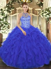 Royal Blue Sweet 16 Dresses Military Ball and Sweet 16 and Quinceanera with Beading and Embroidery and Ruffles Halter Top Sleeveless Lace Up