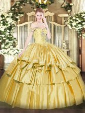 Gold Sleeveless Organza and Taffeta Lace Up Vestidos de Quinceanera for Military Ball and Sweet 16 and Quinceanera