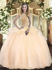 Exceptional Ball Gowns Vestidos de Quinceanera Peach High-neck Organza Sleeveless Floor Length Lace Up