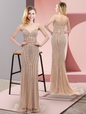 Super Champagne Lace Zipper Prom Dresses Sleeveless Sweep Train Beading