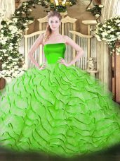 High Class Ball Gowns Strapless Sleeveless Tulle Brush Train Zipper Ruffles Quinceanera Gown