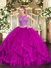 Fuchsia Two Pieces Scoop Sleeveless Organza Floor Length Zipper Beading and Ruffles Quinceanera Gown