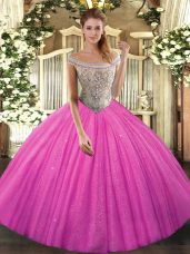 Eye-catching Ball Gowns Ball Gown Prom Dress Hot Pink Off The Shoulder Tulle Sleeveless Lace Up