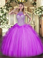 Exquisite Halter Top Sleeveless Sweet 16 Quinceanera Dress Floor Length Beading and Ruffles Lilac Tulle