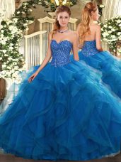 Sumptuous Blue Ball Gowns Sweetheart Sleeveless Tulle Floor Length Lace Up Beading and Ruffles Quince Ball Gowns