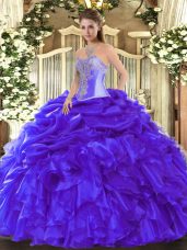 Beautiful Blue Ball Gowns Beading and Ruffles Vestidos de Quinceanera Lace Up Organza Sleeveless Floor Length