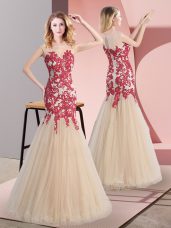 Custom Made Champagne Empire Tulle Scoop Sleeveless Appliques Floor Length Zipper Prom Evening Gown