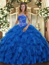 Floor Length Royal Blue Sweet 16 Dresses Organza Sleeveless Beading and Ruffles
