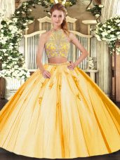 New Arrival Beading and Appliques Quince Ball Gowns Gold Criss Cross Sleeveless Floor Length