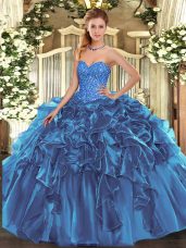 Sleeveless Floor Length Beading and Ruffles Lace Up Quinceanera Dress with Blue