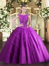 Sophisticated Sleeveless Floor Length Beading and Appliques Zipper Sweet 16 Dress with Fuchsia