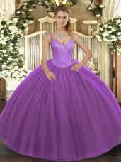 Purple Tulle Lace Up V-neck Sleeveless Floor Length Vestidos de Quinceanera Beading