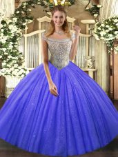 High Class Blue Ball Gowns Off The Shoulder Sleeveless Tulle and Sequined Floor Length Lace Up Beading 15th Birthday Dress