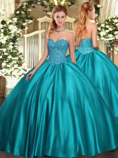 Teal Ball Gowns Beading 15 Quinceanera Dress Lace Up Satin Sleeveless Floor Length