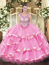 Fancy Lilac Organza Lace Up Vestidos de Quinceanera Sleeveless Floor Length Beading and Ruffles