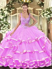 Sweet Sleeveless Organza Floor Length Lace Up 15th Birthday Dress in Lilac with Beading and Ruffled Layers