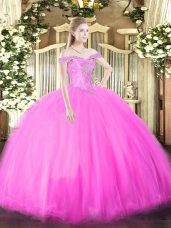 Perfect Floor Length Fuchsia Quince Ball Gowns Off The Shoulder Sleeveless Lace Up
