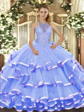 Blue Ball Gowns Beading and Ruffled Layers Sweet 16 Dress Lace Up Organza Sleeveless Floor Length