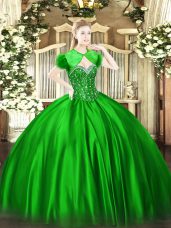 Green Sleeveless Floor Length Beading Lace Up Sweet 16 Dress