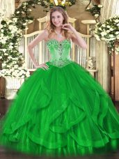 Glittering Green Tulle Lace Up 15th Birthday Dress Sleeveless Floor Length Beading and Ruffles
