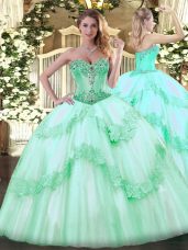 Tulle Sweetheart Sleeveless Lace Up Beading and Appliques Quince Ball Gowns in Apple Green