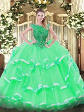 Flirting Floor Length Lace Up Quinceanera Dresses Apple Green for Sweet 16 and Quinceanera with Beading and Ruffled Layers