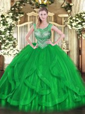 Scoop Sleeveless Tulle Vestidos de Quinceanera Beading and Ruffles Lace Up