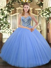Unique Baby Blue Tulle Lace Up Vestidos de Quinceanera Sleeveless Floor Length Beading