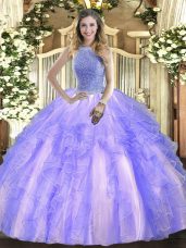 Lavender Sleeveless Tulle Lace Up 15 Quinceanera Dress for Military Ball and Sweet 16 and Quinceanera