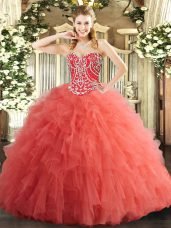 Sweetheart Sleeveless Lace Up 15 Quinceanera Dress Watermelon Red Tulle