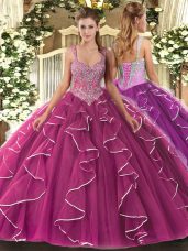 Sexy Fuchsia Ball Gowns Tulle Straps Sleeveless Beading Floor Length Lace Up Sweet 16 Dress