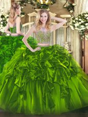 Fashion Floor Length Two Pieces Sleeveless Olive Green Vestidos de Quinceanera Lace Up