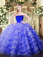 Super Blue Tulle Zipper Strapless Sleeveless Floor Length Sweet 16 Quinceanera Dress Ruffled Layers