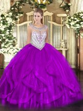Tulle Scoop Sleeveless Zipper Beading and Ruffles Quinceanera Gowns in Eggplant Purple