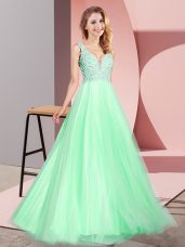 Apple Green V-neck Neckline Lace Prom Dresses Sleeveless Zipper