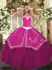 Fuchsia Lace Up Sweetheart Appliques and Embroidery 15th Birthday Dress Satin and Tulle Sleeveless