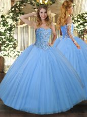 Sleeveless Tulle Floor Length Lace Up Quinceanera Gowns in Aqua Blue with Beading