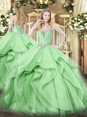 Green Quince Ball Gowns Military Ball and Sweet 16 and Quinceanera with Beading and Ruffles Sweetheart Sleeveless Lace Up
